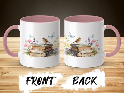 Butterfly and Bird Mug with Stack of Books Design product