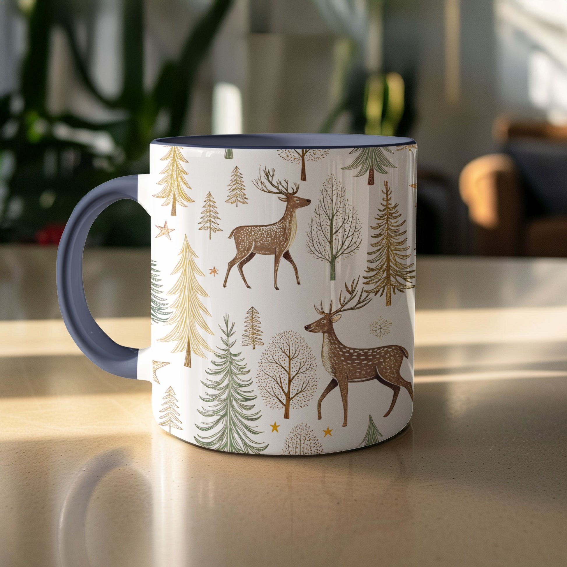 Elegant Deer and Pine Tree Design Coffee Mug