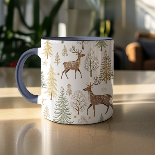 Elegant Deer and Pine Tree Design Coffee Mug