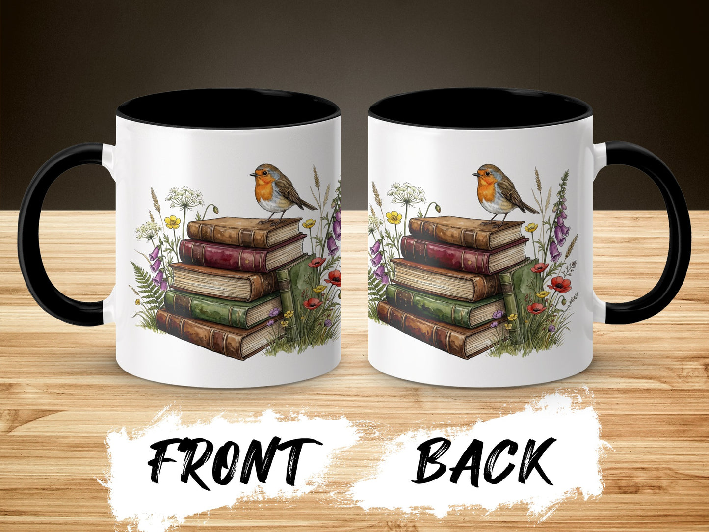 Bird on Stacked Books with Floral Accents Mug