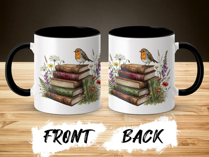 Bird on Stacked Books with Floral Accents Mug