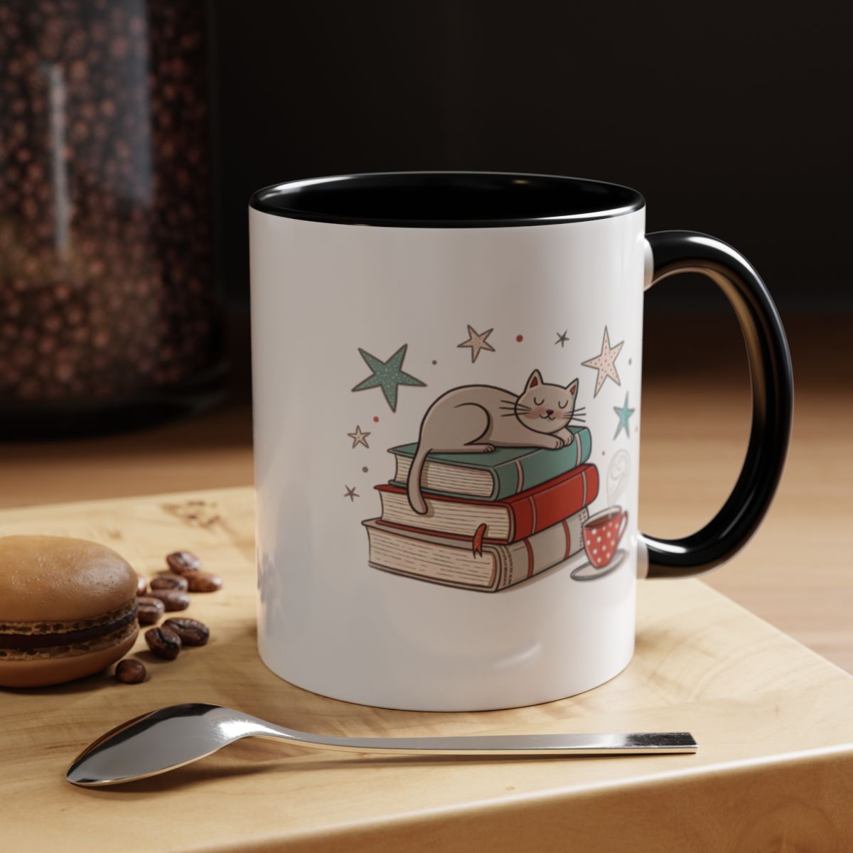 Cat on Books with Coffee Mug Illustration product