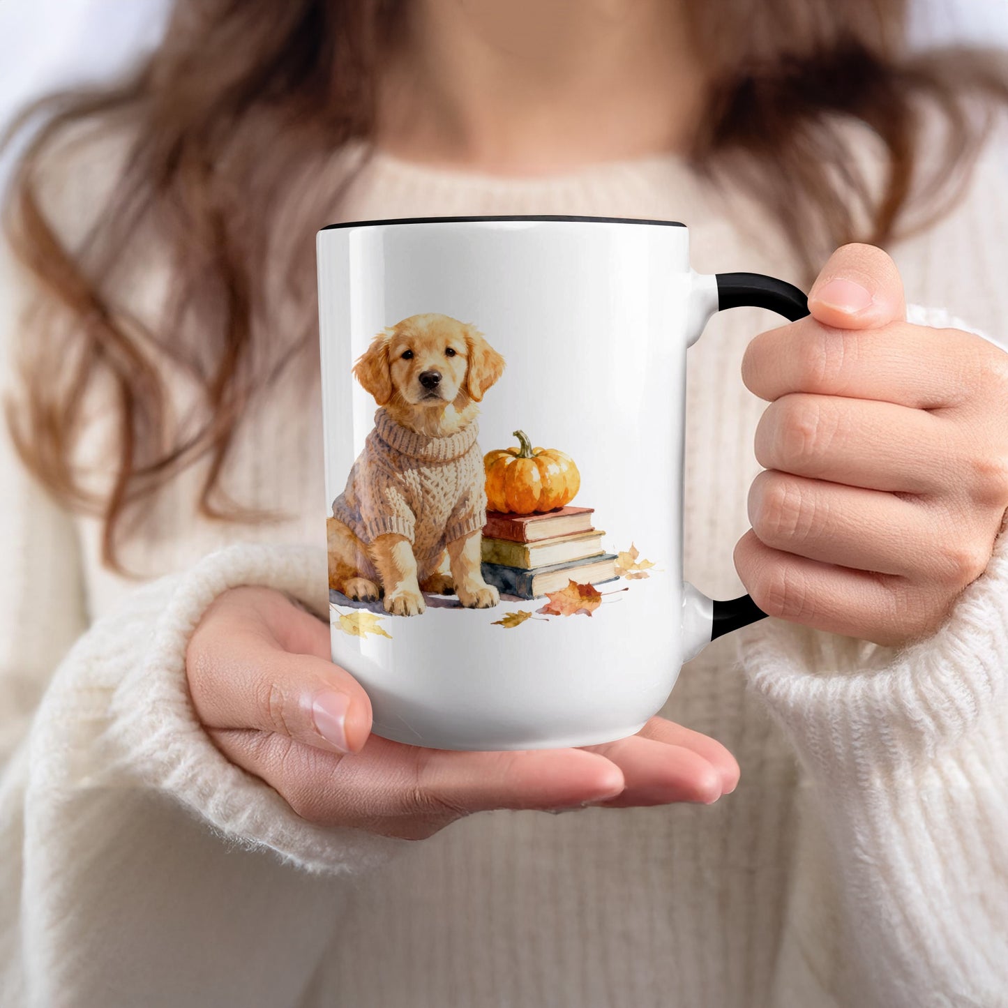 Cute Puppy with Books and Pumpkin Mug product