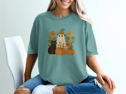 Halloween Ghost with Cats and Pumpkins T-Shirt product type