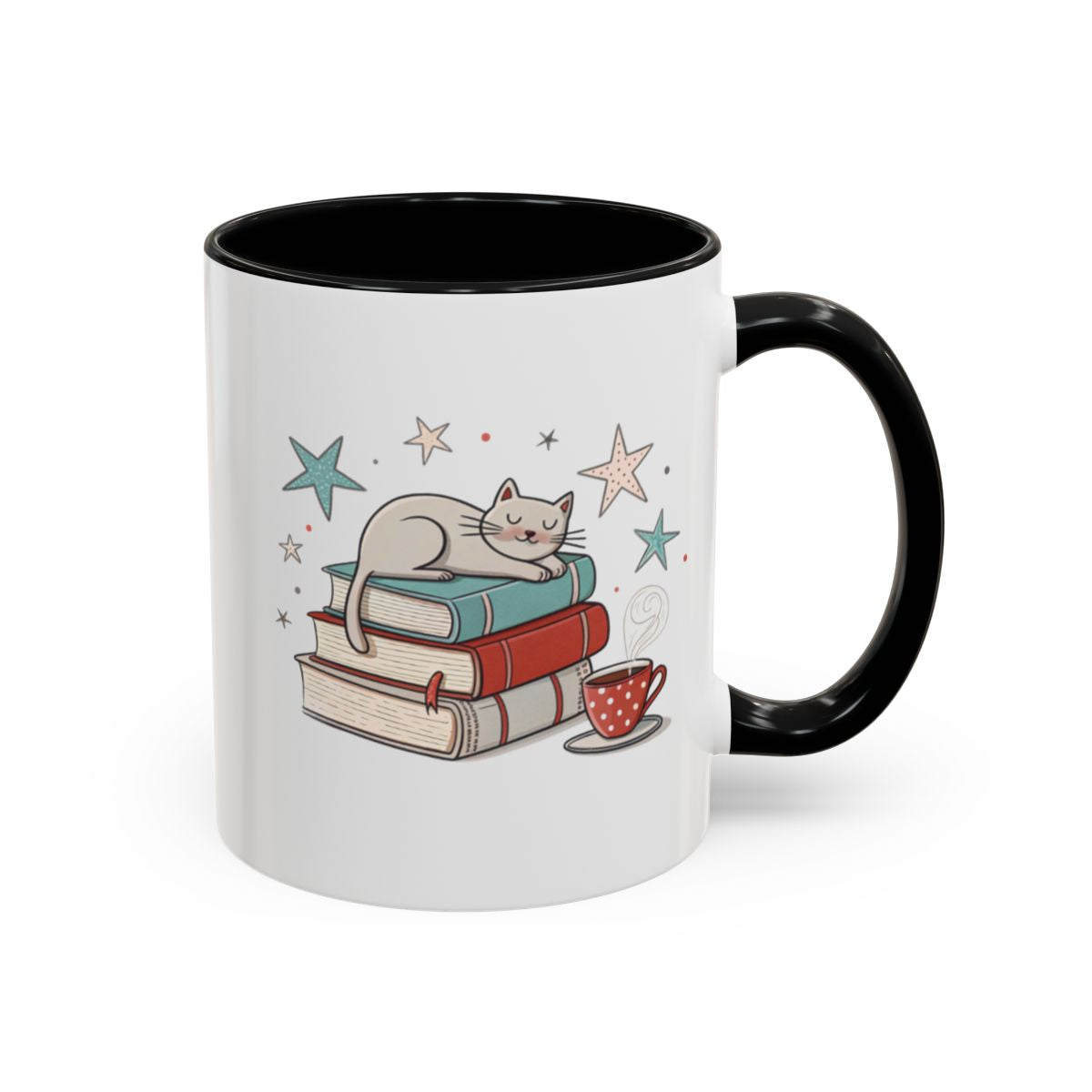 Cute Cat on Books with Stars and Teacup Mug