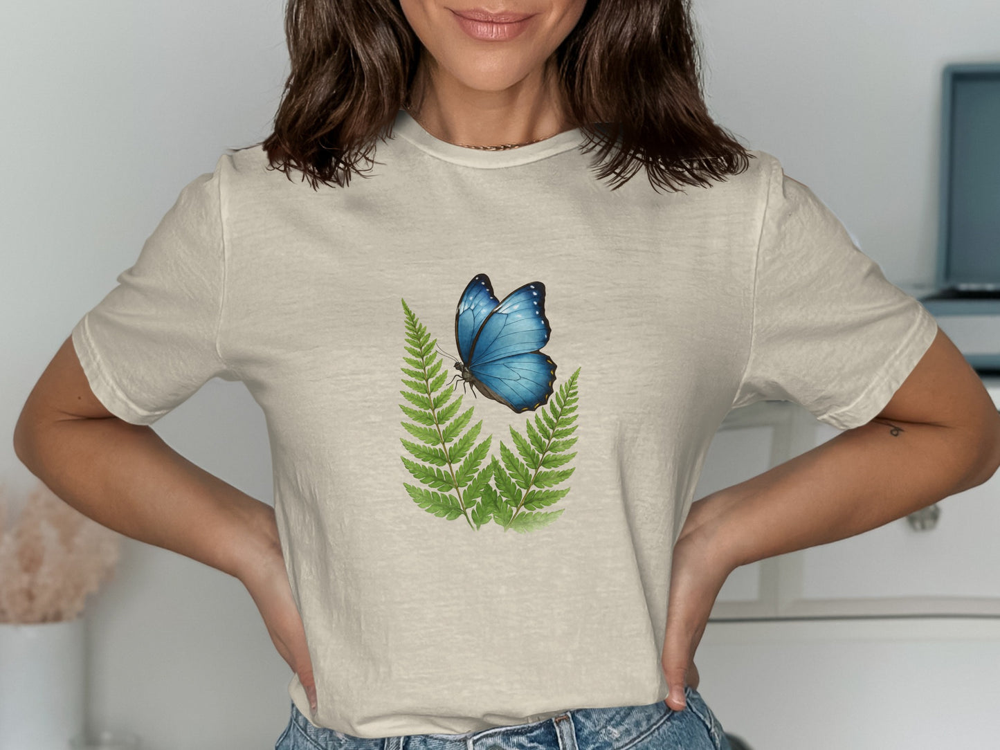 Blue Butterfly on Green Fern T-Shirt product type