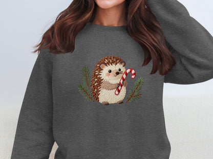 Adorable Hedgehog Holding Candy Cane Sweatshirt