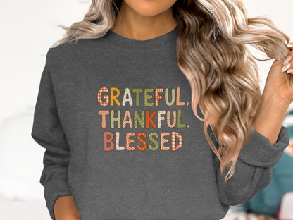 GRATEFUL THANKFUL BLESSED Graphic Print Sweatshirt