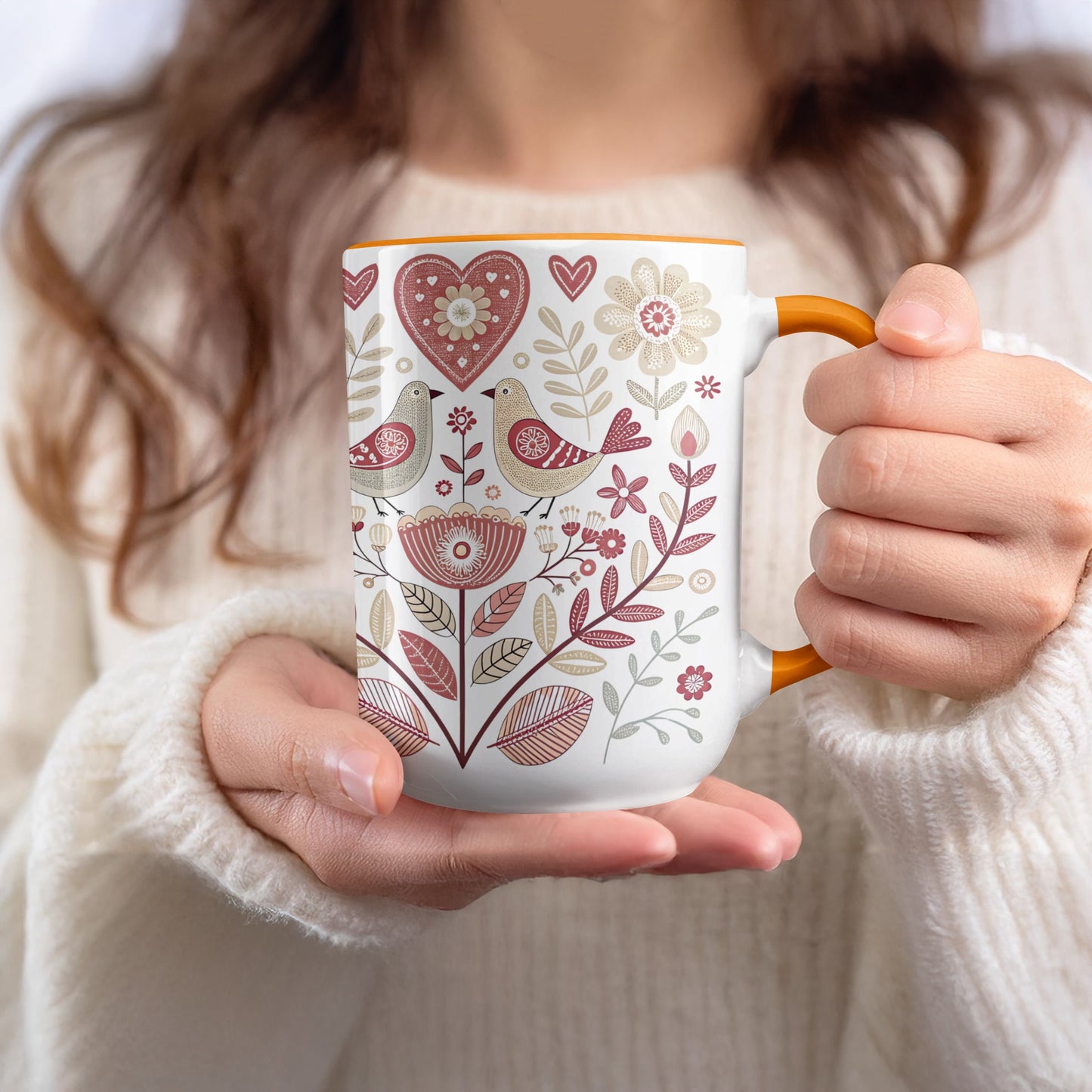 Heart and Bird Design Coffee Mug for a Cozy Morning