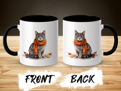 Adorable Cat Wearing Scarf Autumn Leaves Mug product
