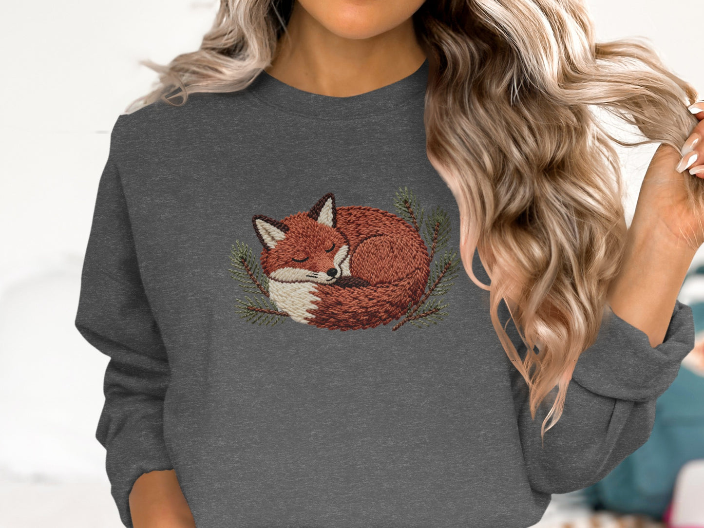 Cozy Fox Embroidery Design on Dark Grey Sweatshirt