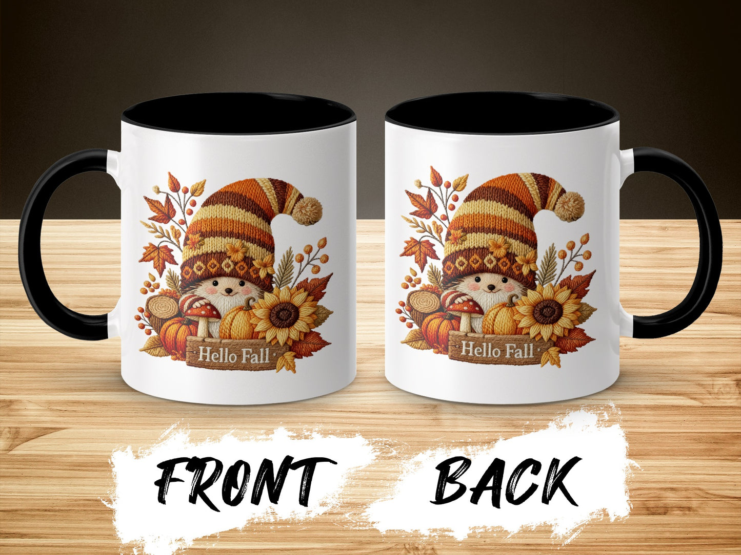 Adorable Autumn Gnome Hello Fall Mug with Black Handle