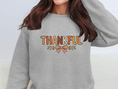 Thankful Sweater with Cute Bow and Autumn Leaves Design
