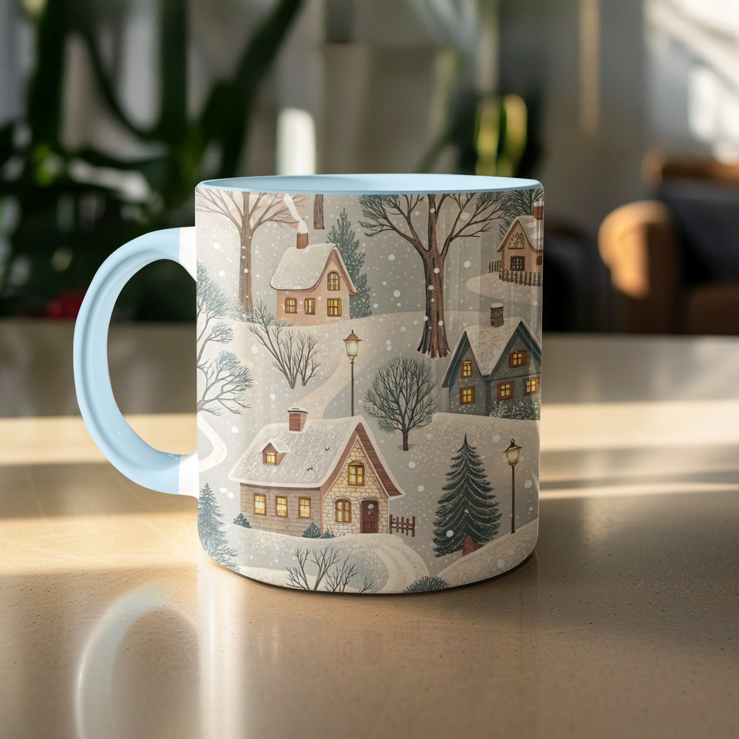 Cozy Winter Village Scene on Light Blue Mug