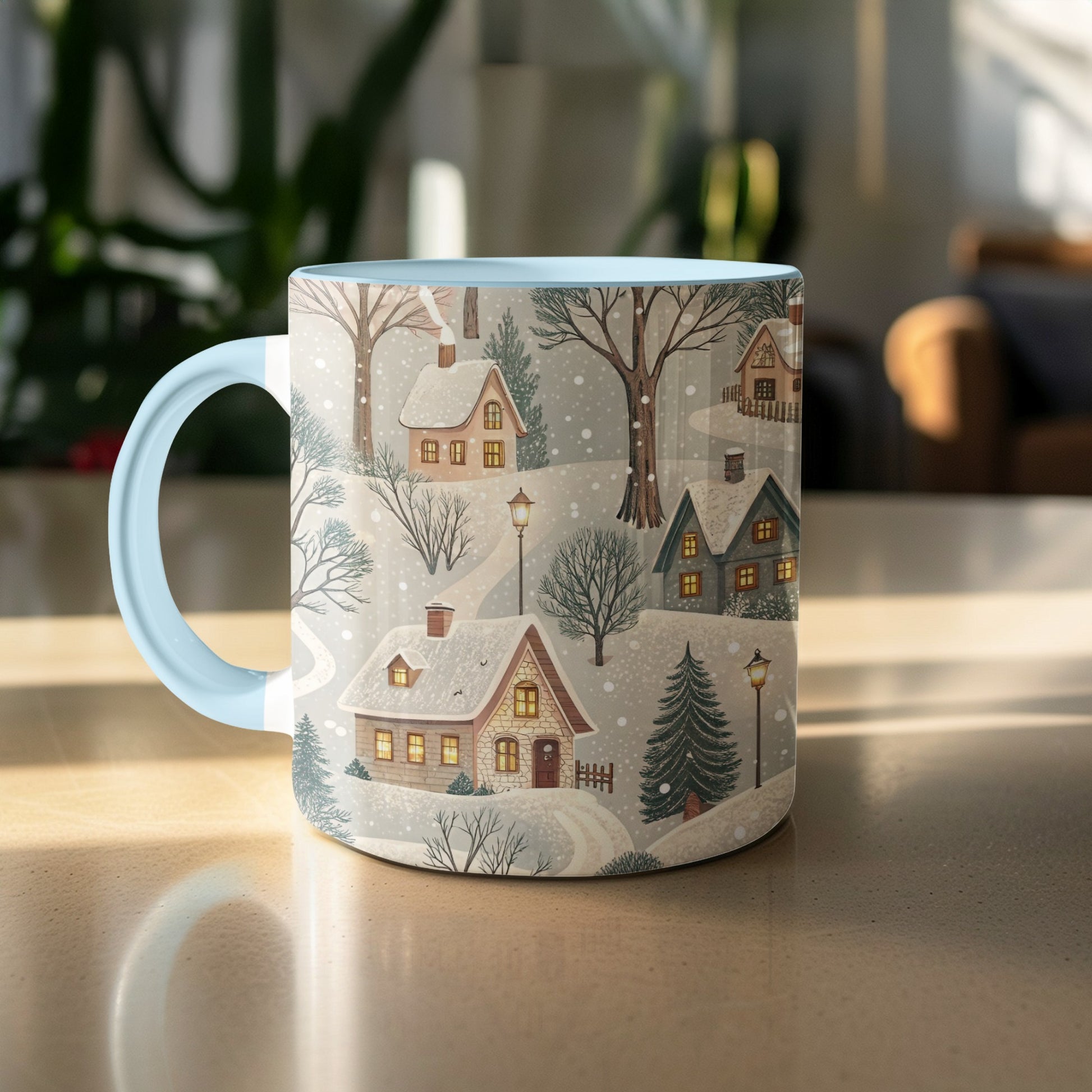 Cozy Winter Village Scene on Light Blue Mug