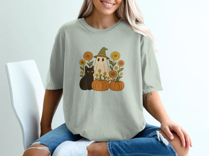 Halloween Ghost Black Cat and Pumpkins T-shirt product type
