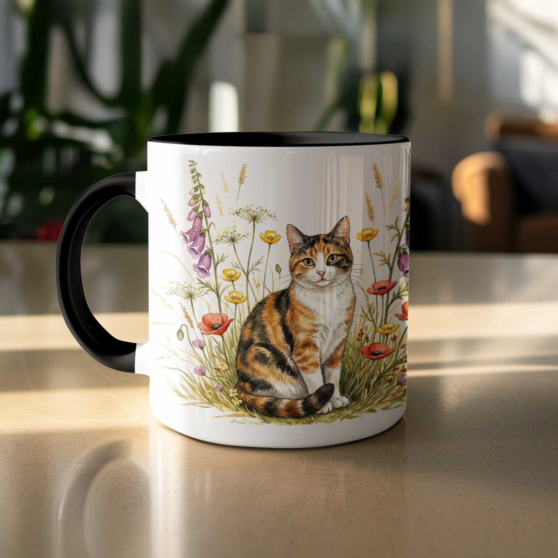 Beautiful Floral Cat Design on Coffee Mug Product