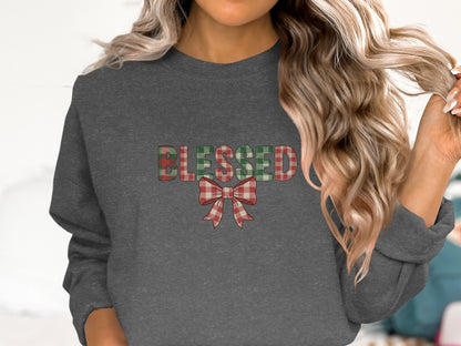 Blessed Graphic Sweatshirt with Plaid Bow Design