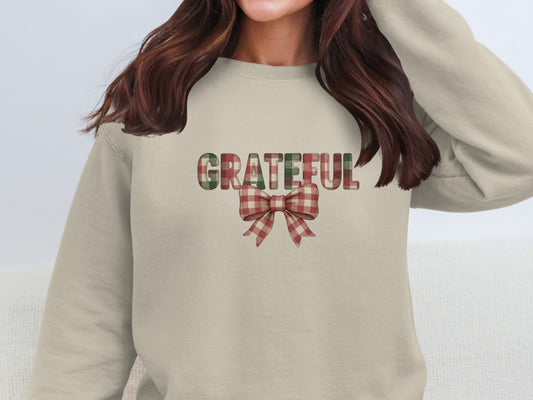 Grateful Graphic Sweatshirt with Plaid Bow Design