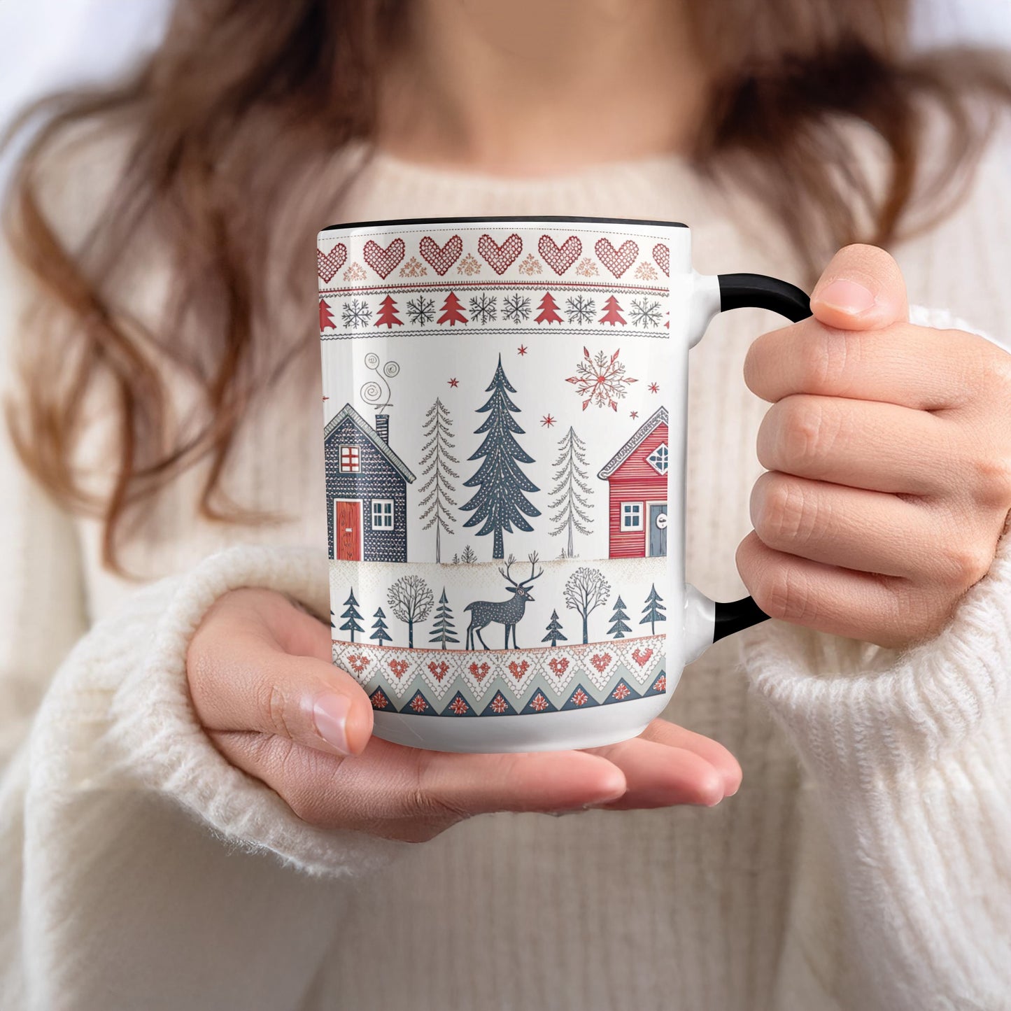 Festive Winter Cabin and Snowy Trees Pattern Mug