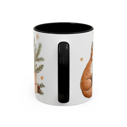 Hand Painted Christmas Fox Black Handle Mug