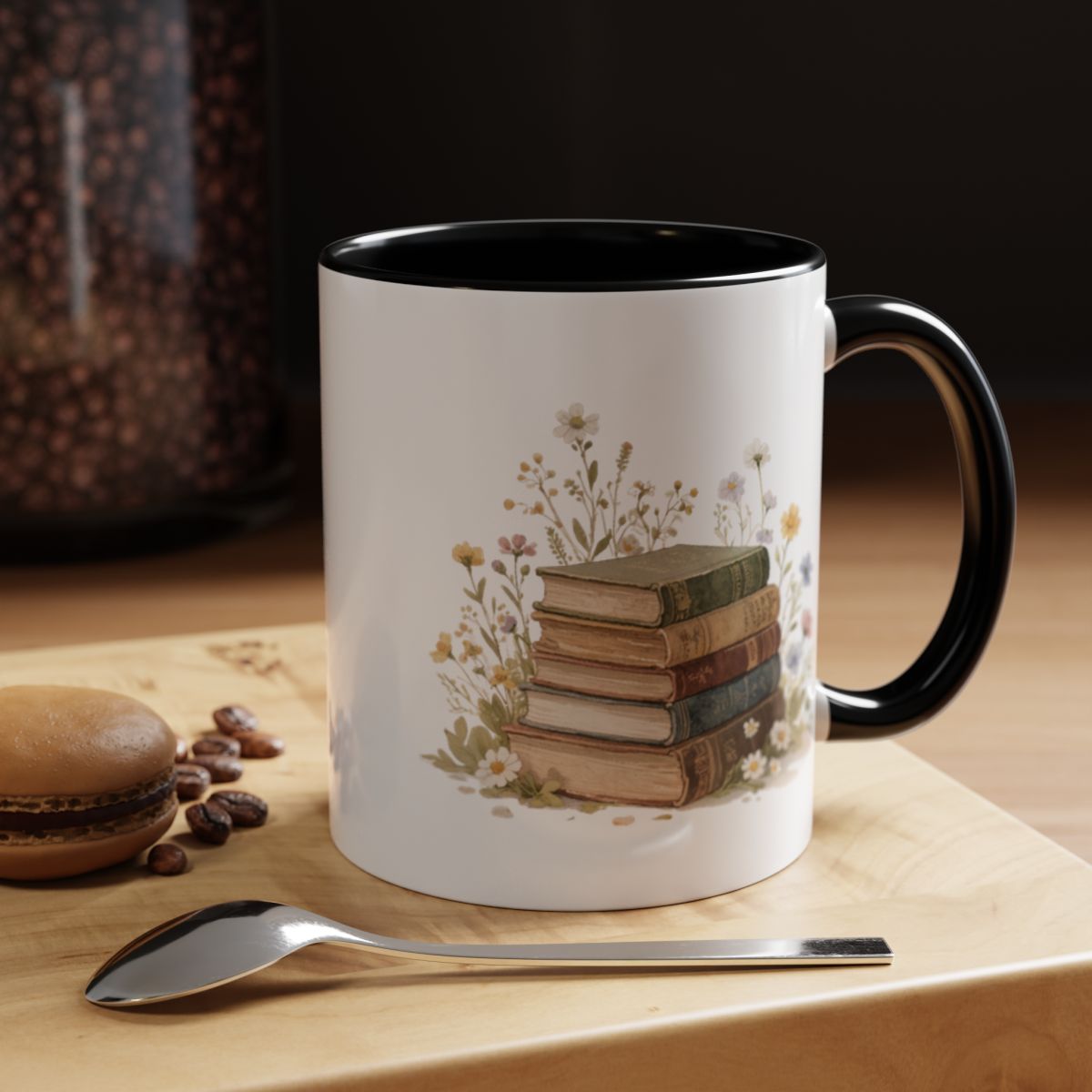 Vintage Book Stack Mug with Floral Design