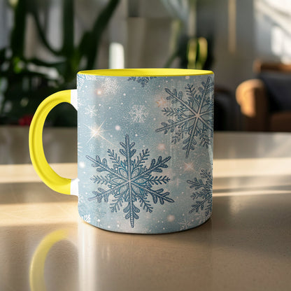 Snowflake Patterned Coffee Mug with Yellow Handle