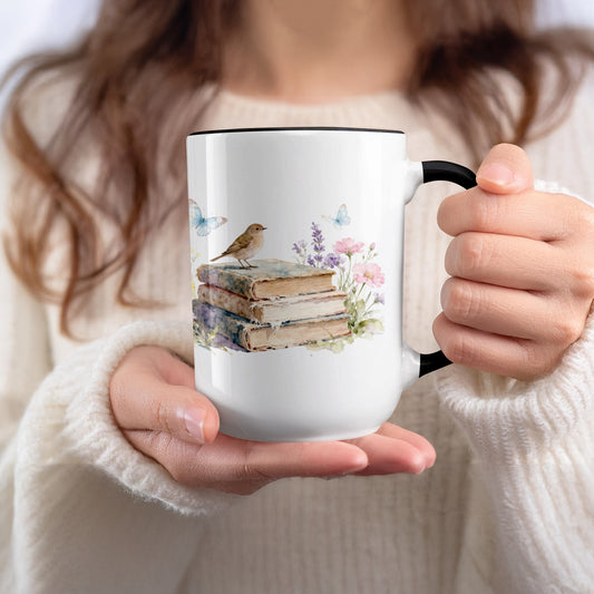 Vintage Book Lover Mug with Bird and Butterfly design product