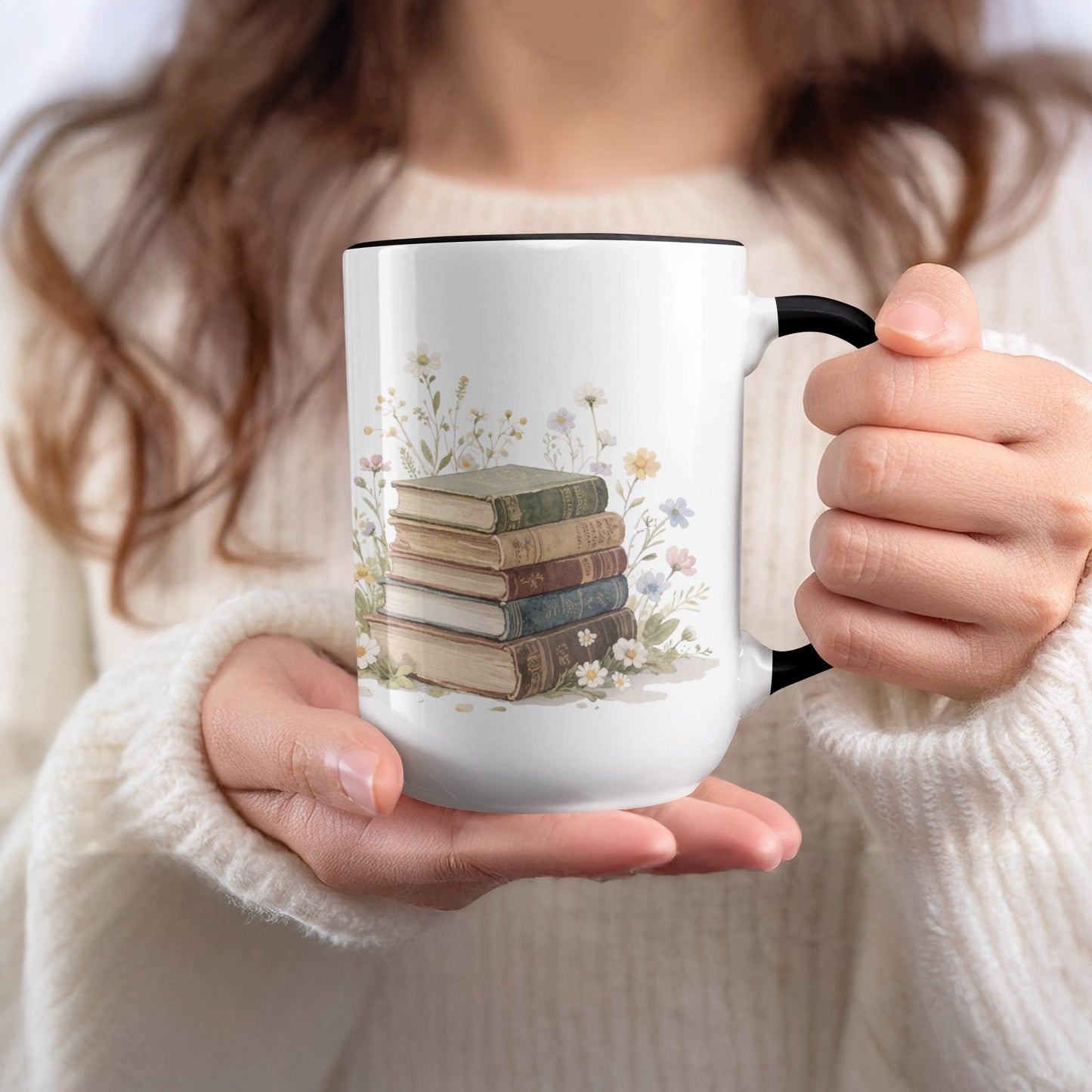Vintage Books with Floral Design Ceramic Mug