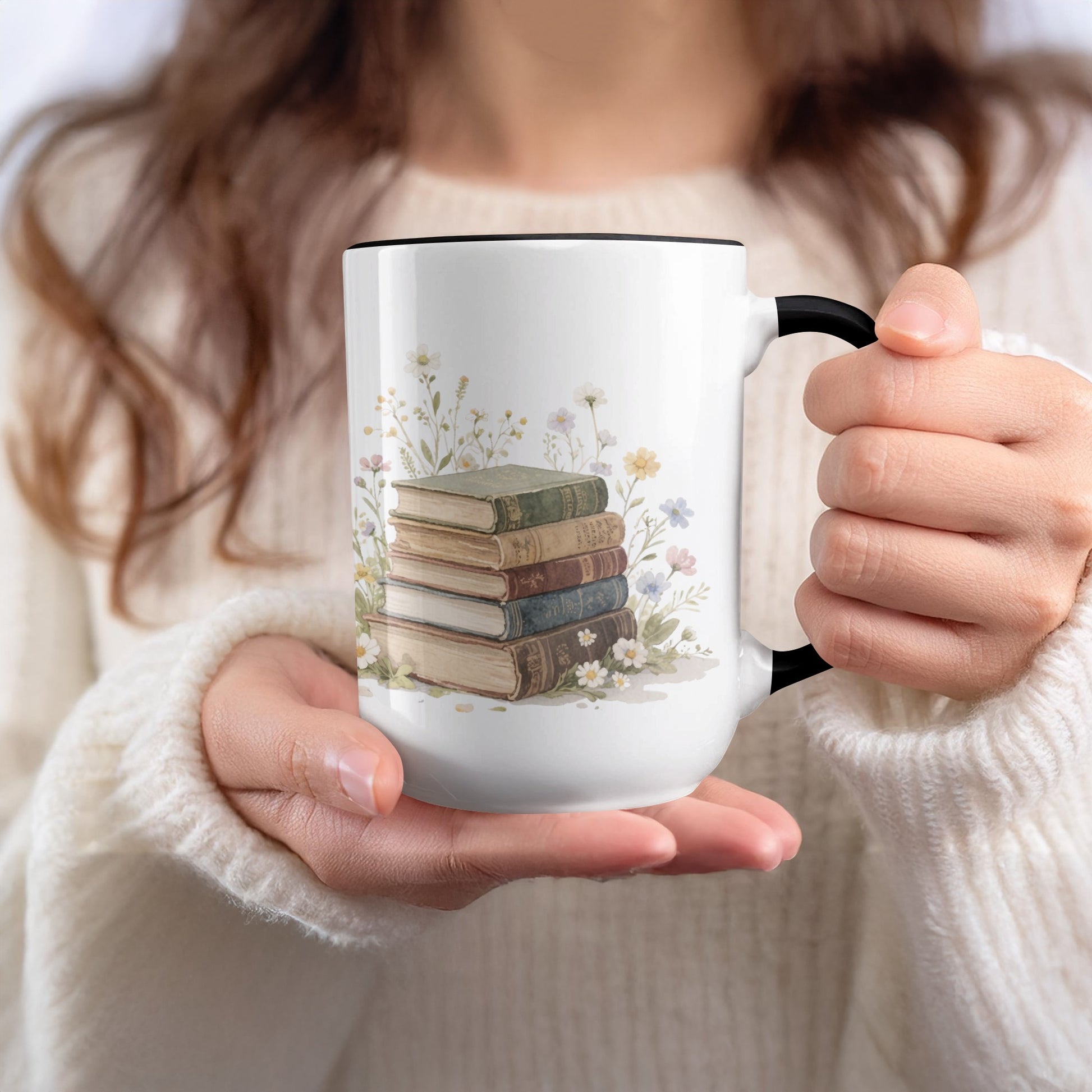 Vintage Books with Floral Design Ceramic Mug