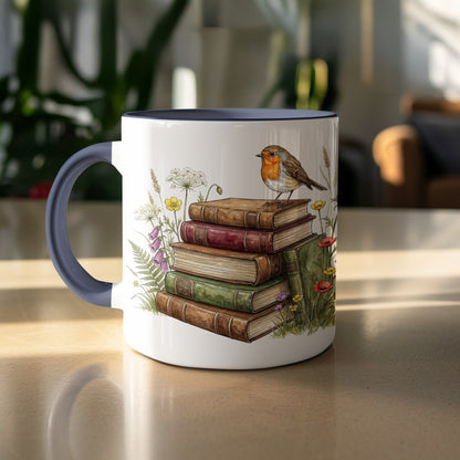 Cozy Library Stack with Robin Bird Design Mug