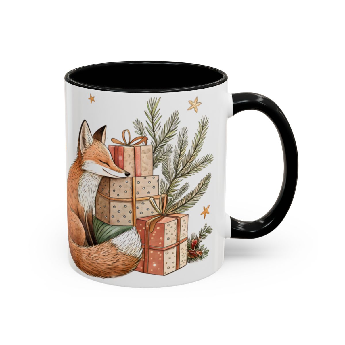 Fox and Presents Festive Mug with Black Handle
