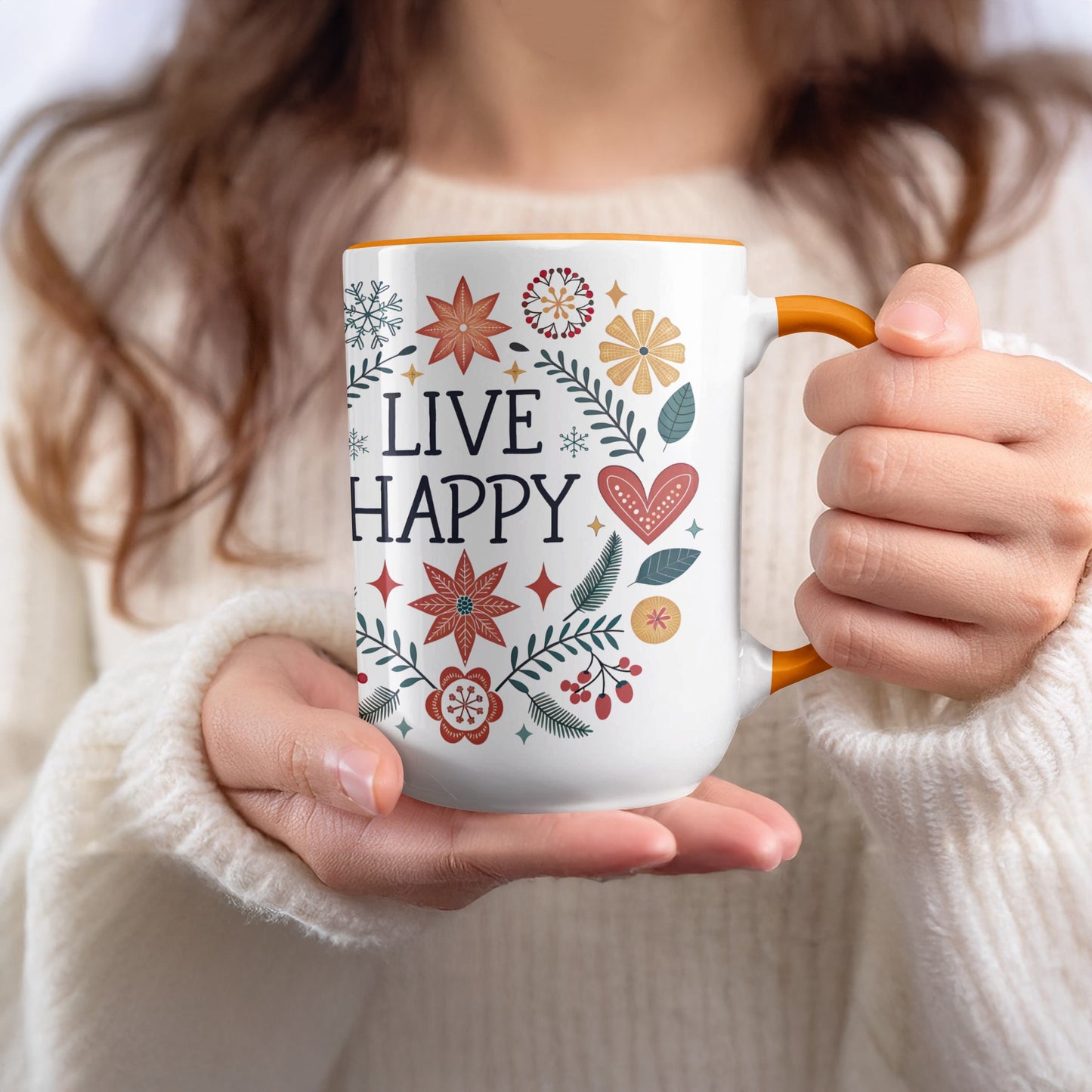 Live Happy Colorful Floral Design Mug