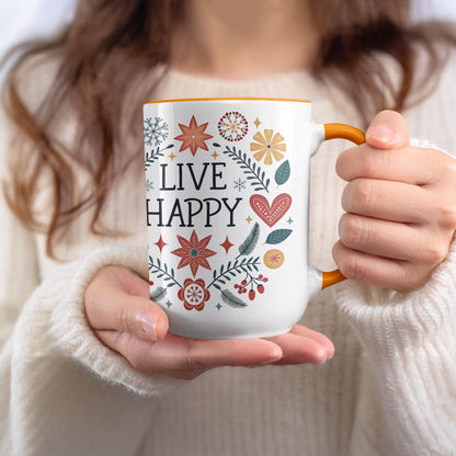 Live Happy Colorful Floral Design Mug