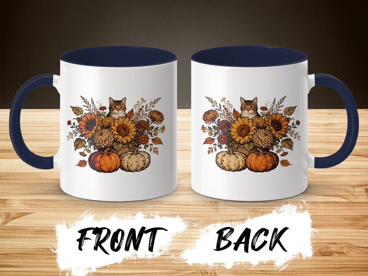 Cozy Autumn Cat with Floral Fall Pumpkin Mug
