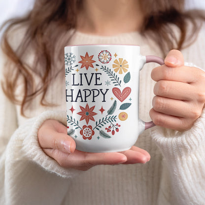 Live Happy Floral Heart Design Coffee Mug