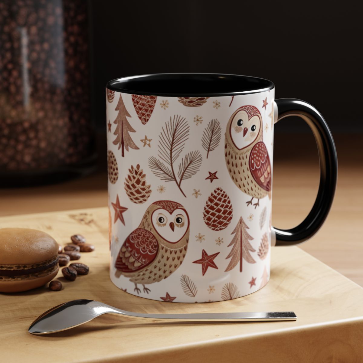 Cute Owl and Pine Tree Design Black Coffee Mug