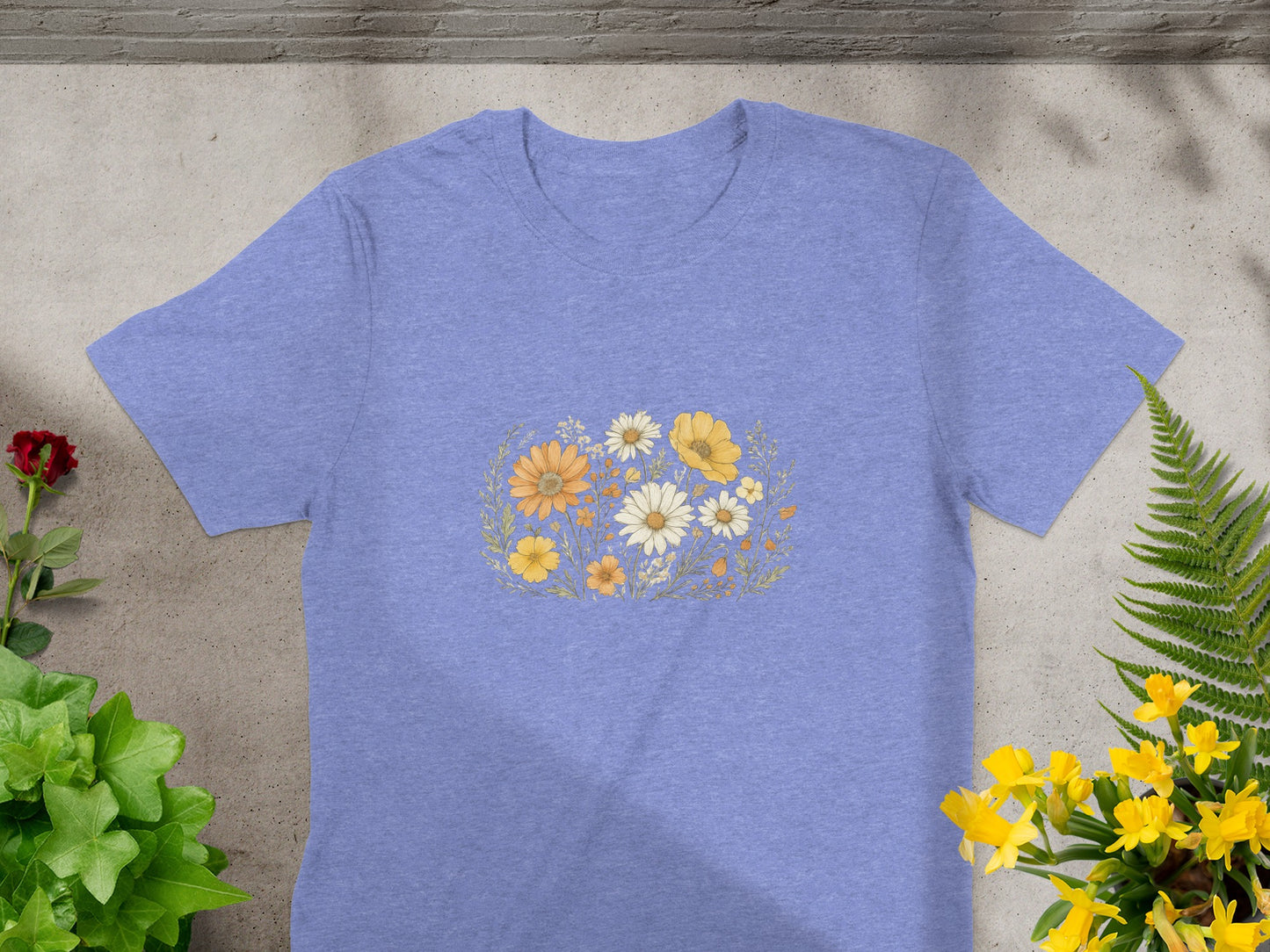 Floral Design Blue T-shirt with Yellow and White Flowers product type