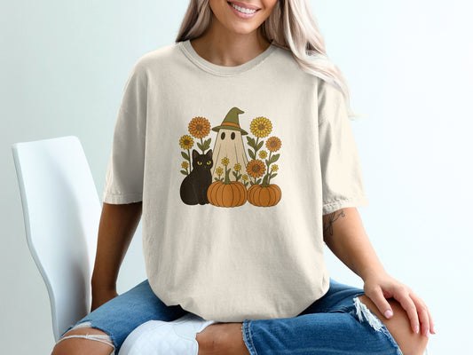 Halloween Ghost Cat and Pumpkins Graphic Shirt product