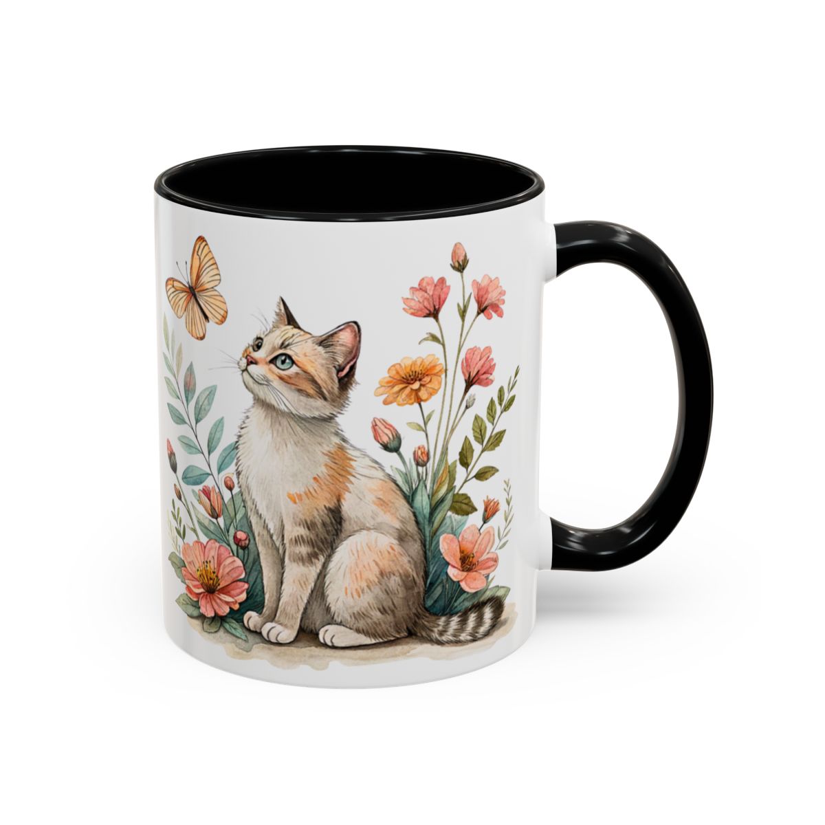 Cute Cat and Butterfly Surrounded by Flowers Mug