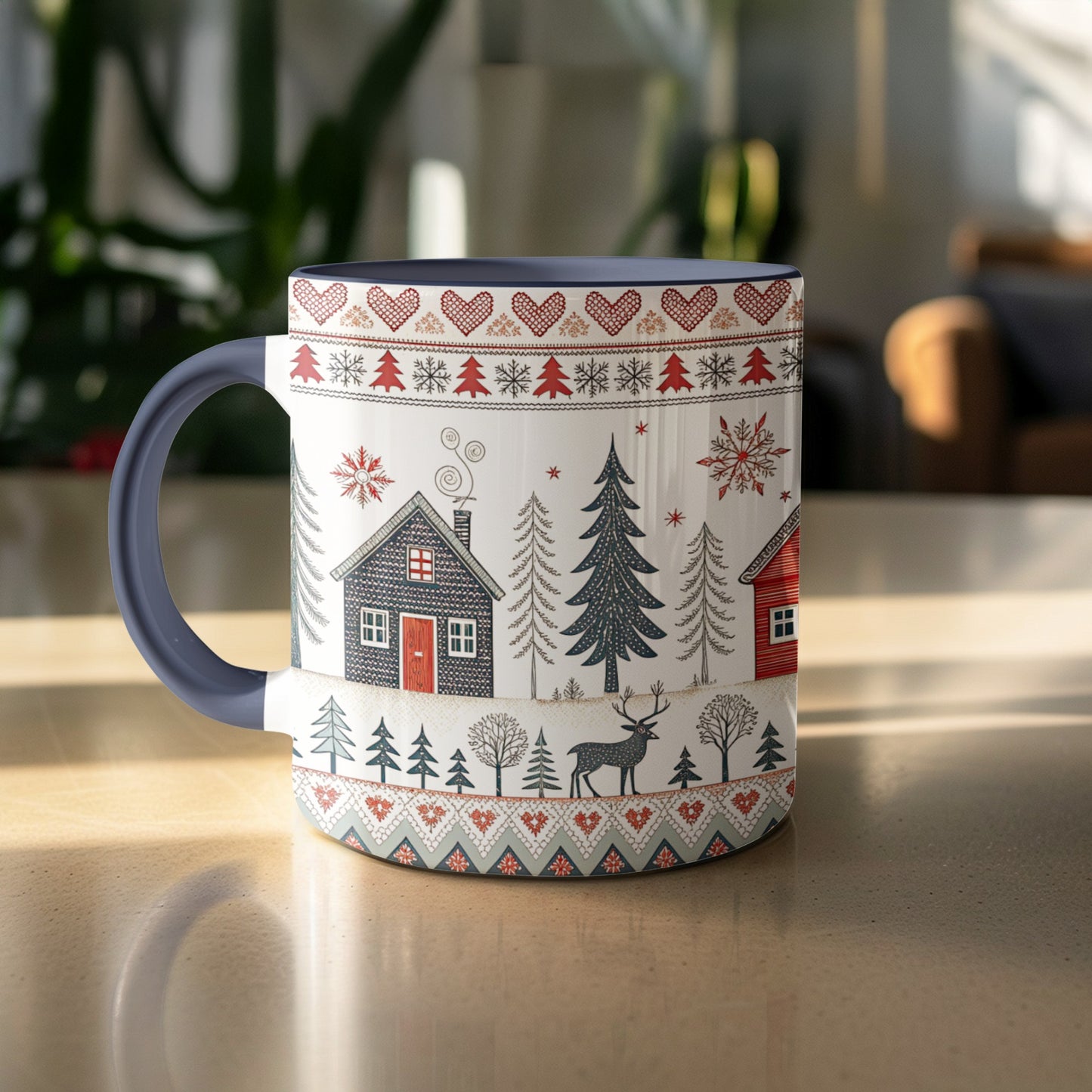 Festive Winter Scene Coffee Mug with Deer and Houses