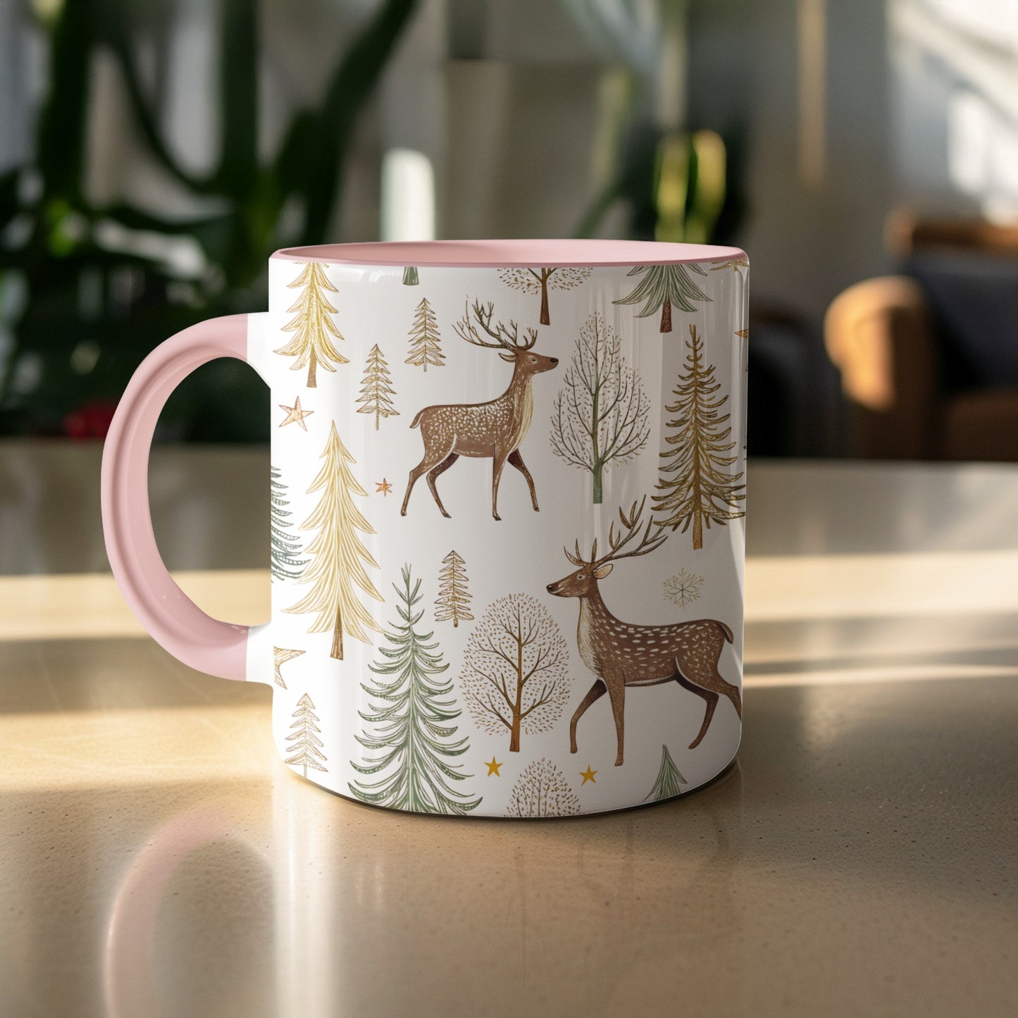 Festive Mug with Deer and Pine Tree Illustrations