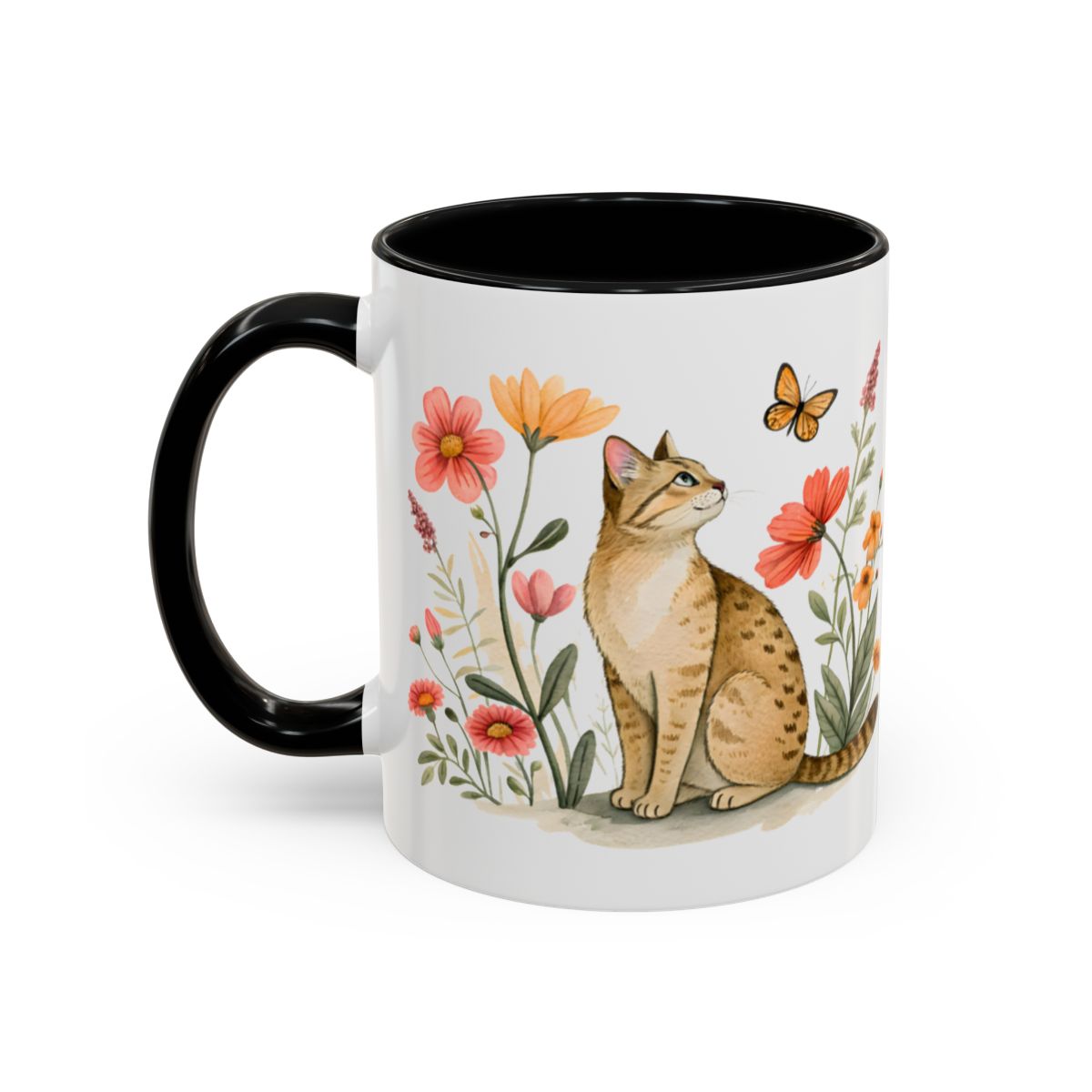Adorable Cat and Flowers Mug with Black Handle