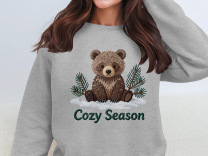 Cozy Season Bear Sweatshirt with Pine Tree Branch Design
