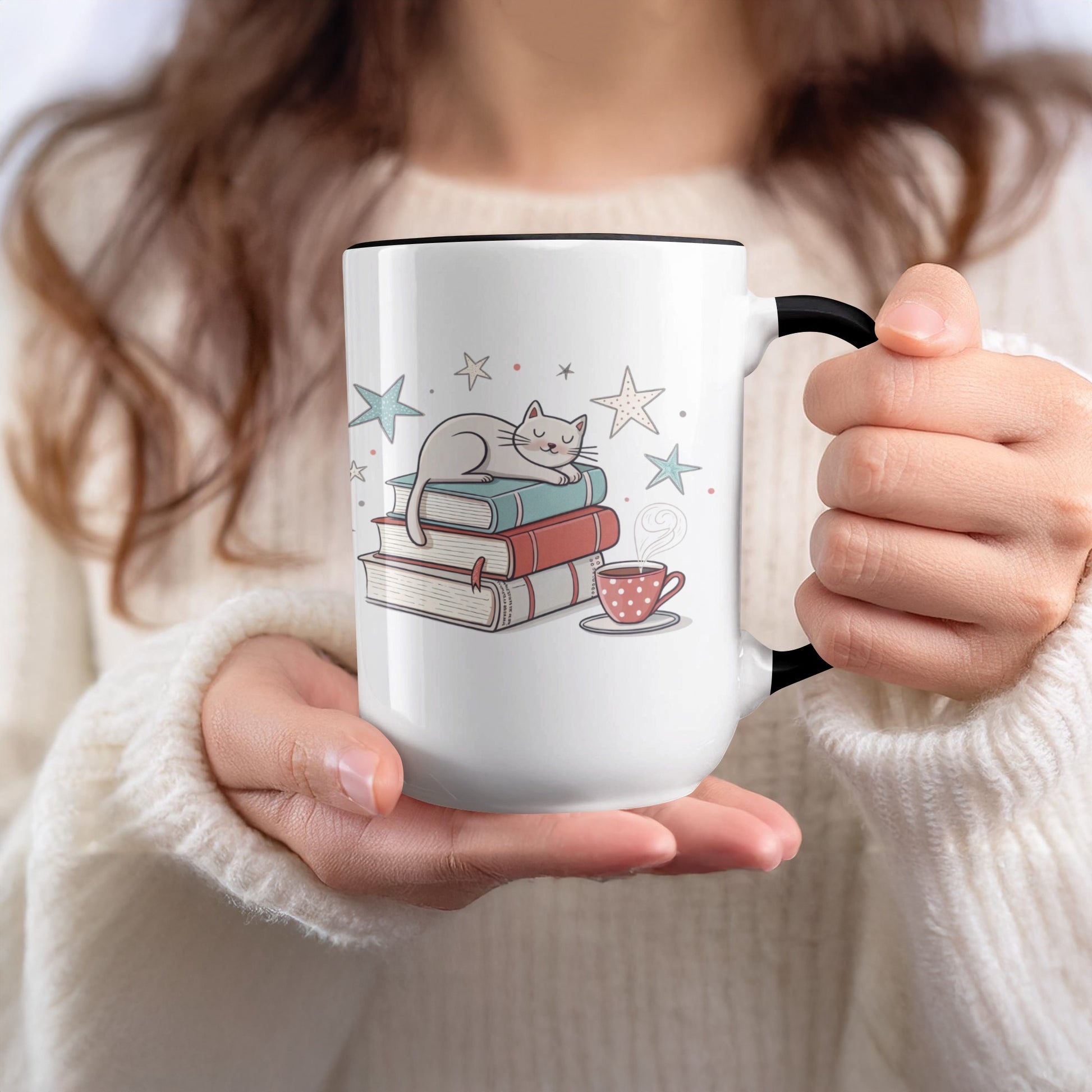 Cat with Books and Tea Cup Artwork Mug