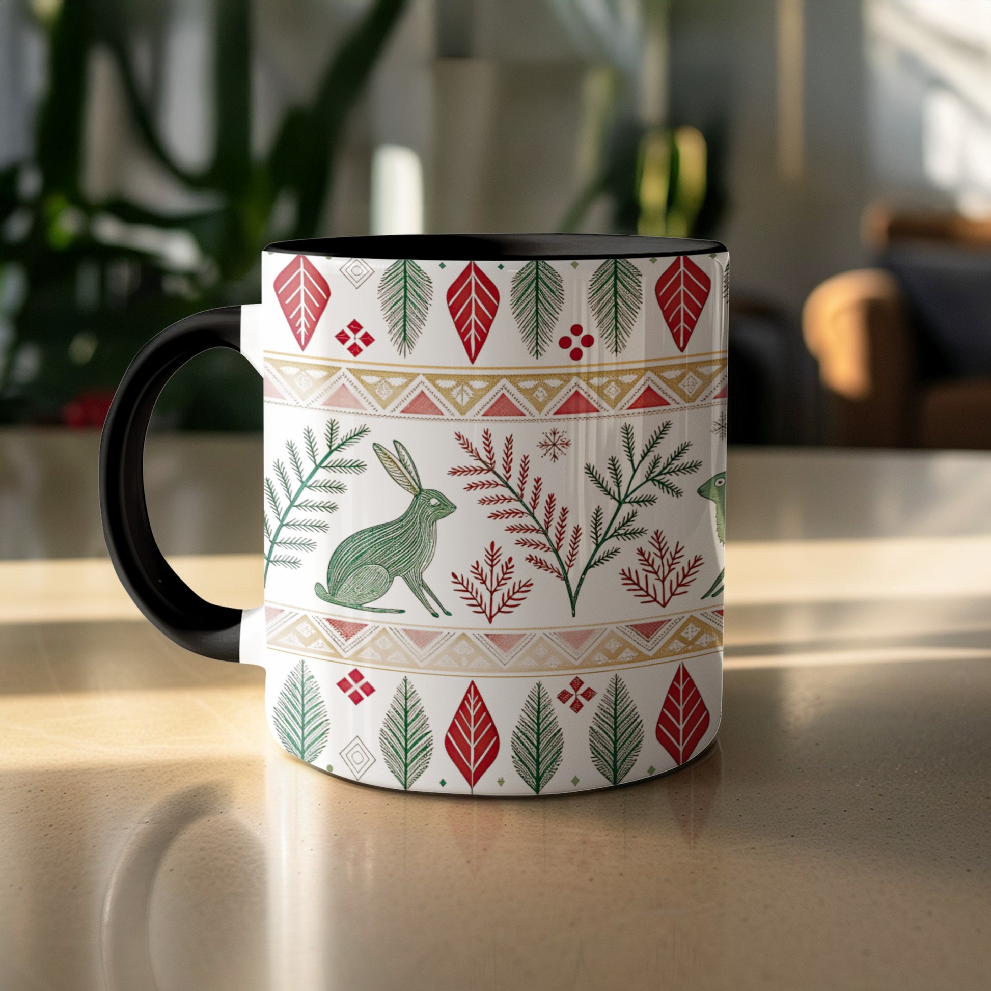 Festive Holiday Mug with Rabbits and Leaves Design