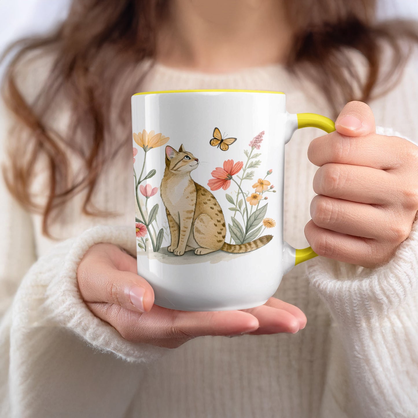 Adorable Cat and Butterfly Floral Design Mug