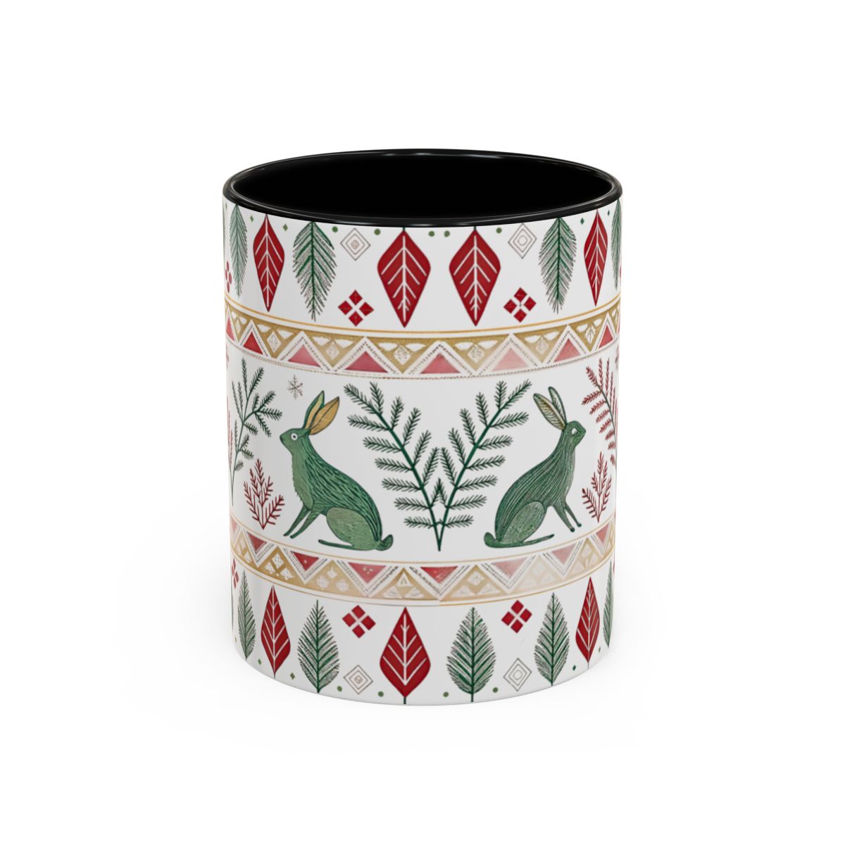 Festive Green Rabbit and Leaf Pattern Decorative Mug