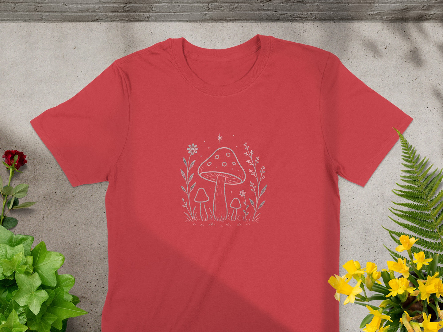 Whimsical Mushroom and Floral Illustration T-Shirt product type