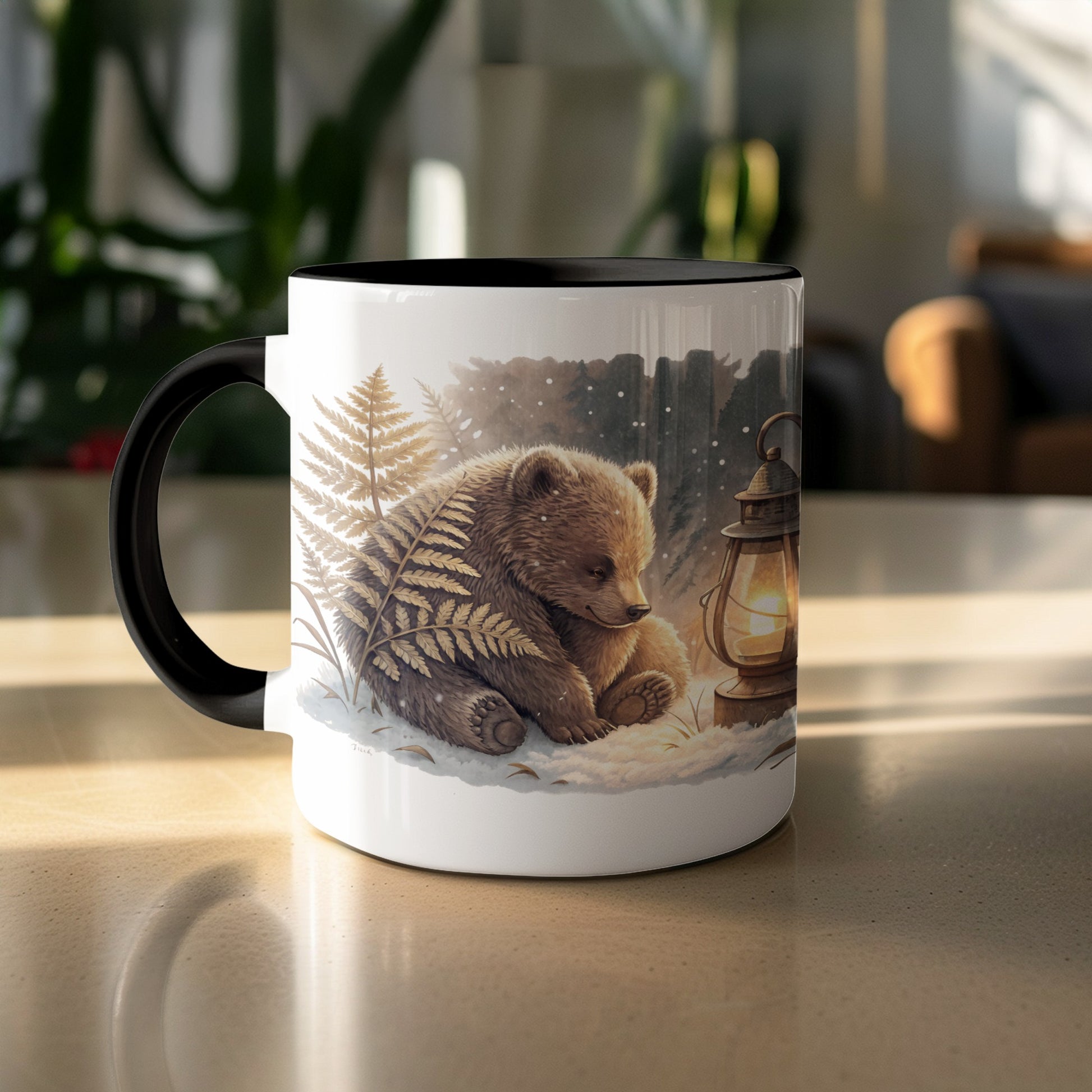 Adorable Bear with Lamp and Fern Motif Mug
